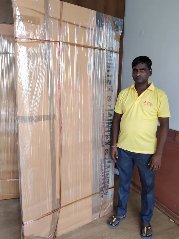 Wardrobe packed in corrugated sheet and stretch film for a home move